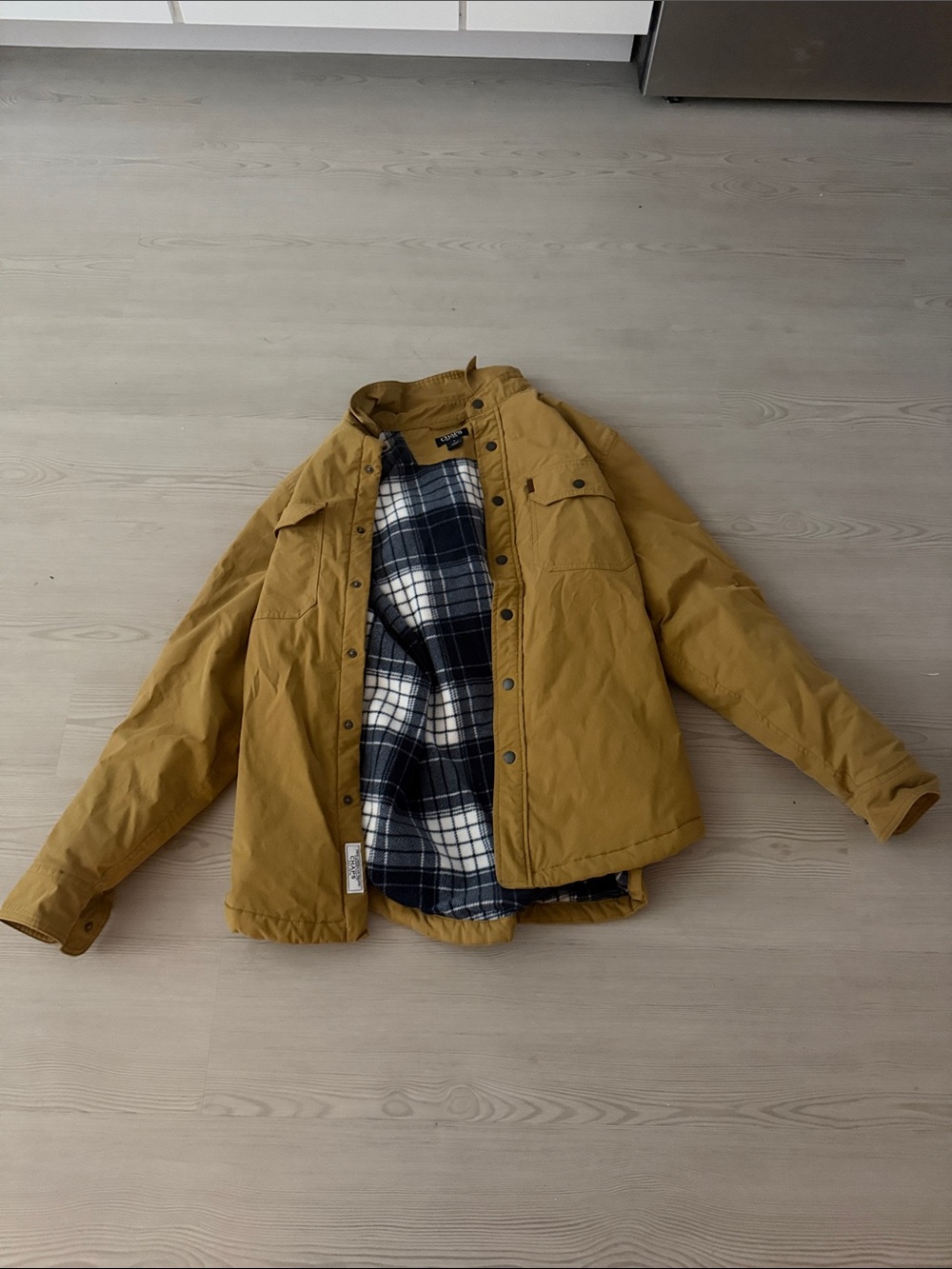 Chaps Mustard Quilted Shirt Jacket with Navy Plaid Lining